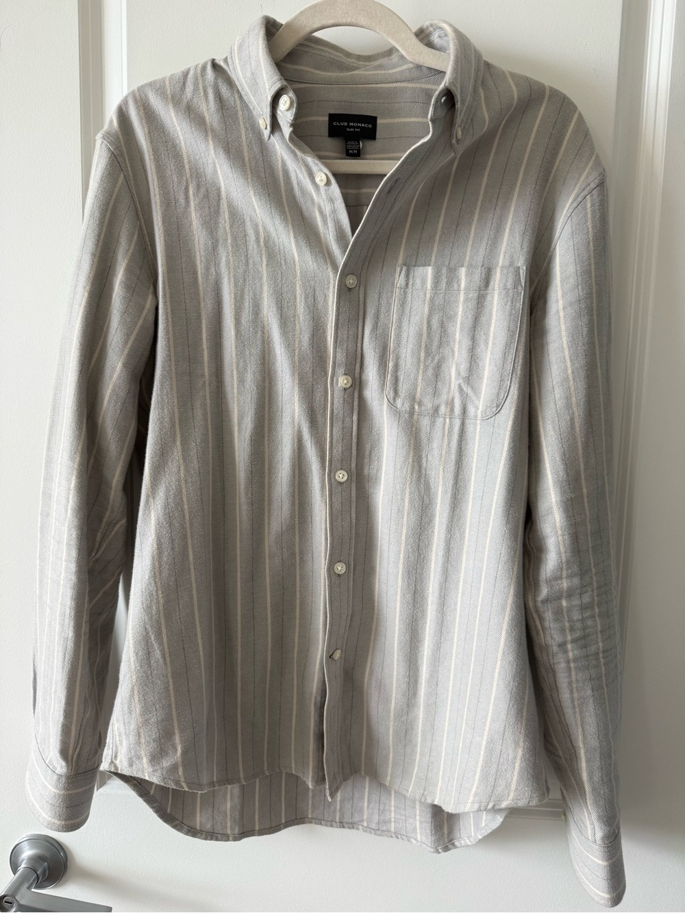Club Monaco Light Gray and White Striped Button-Down Shirt